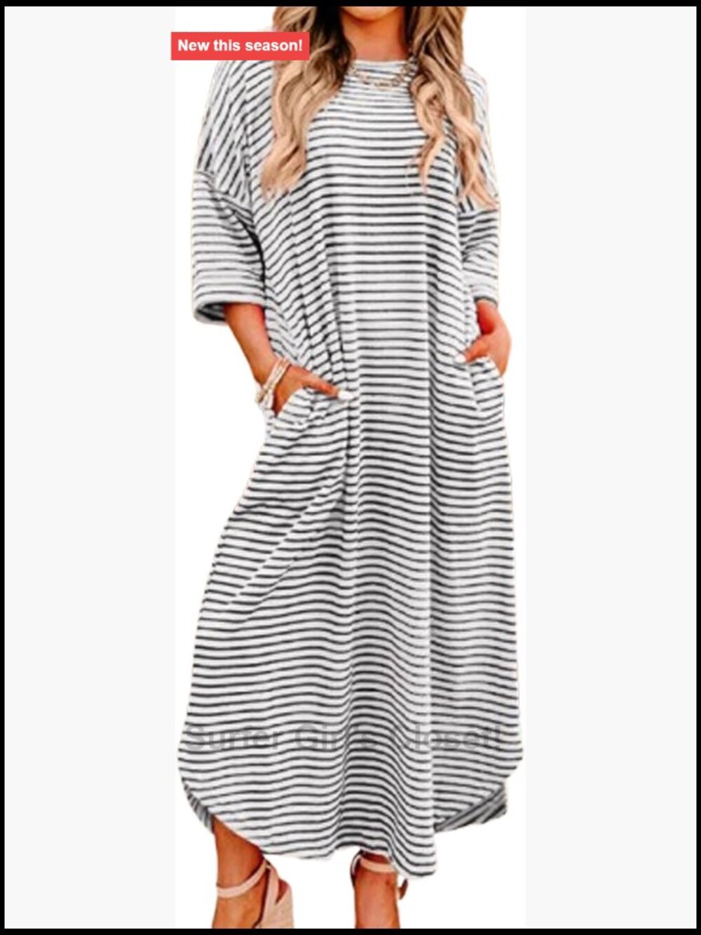 Striped T-Shirt Midi Dress Loose Half Sleeve Pockets Casual